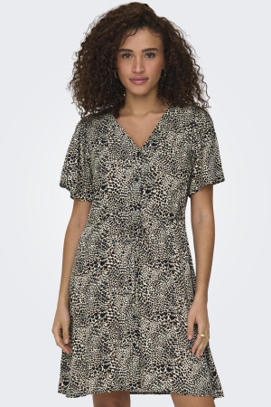 Only beige dames jurk   V-hals   Regular fit   Geen zakken   Animal patroon   Knoopsluiting   Korte mouw Beige M