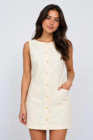 Only beige dames jurk   Ronde hals   Slim Fit   Paspelzakken   Knoopsluiting   Mouwloos Beige 36