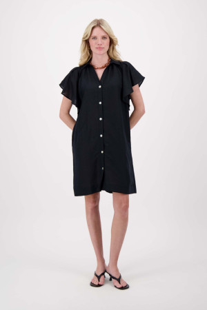 Zusss zwarte dames jurk   Punt kraag   Oversized fit   Steekzakken   Knoopsluiting   Korte mouw Zwart XS