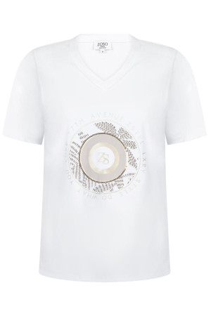 Zoso witte dames t-shirt   V-hals   Regular fit   Pailletten patroon   Korte mouw Wit L