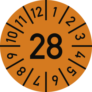 Dreifke&reg; Pr&uuml;fplakette Jahr 28 mit Monaten, orange, Dokumentenfolie, &Oslash; 20 mm, ...