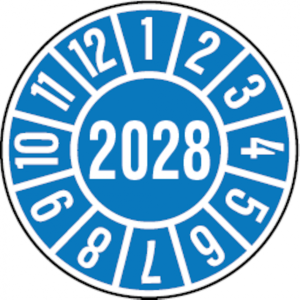 Dreifke&reg; Jahrespr&uuml;fplakette blau/wei&szlig; 2028 - 35 mm Dokumentenfolie selbstkleb...