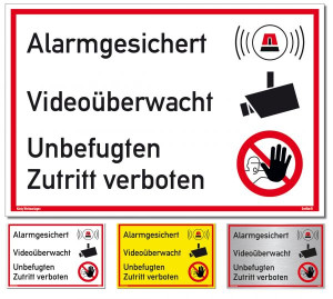Dreifke&reg; Schild Alarmgesichert Video&uuml;berwacht | Alu Schild mit UV-Schutz silber gebürstet (300x200x3mm)
