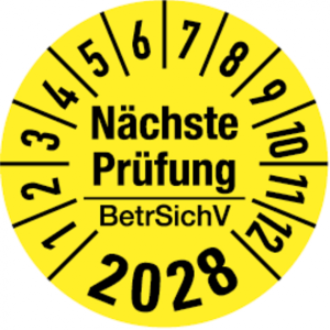 Dreifke&reg; Jahrespr&uuml;fplakette, N&auml;chste Pr&uuml;fung BetrSichV, gelb/sch - 30 mm Foli...