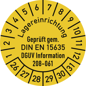 Dreifke&reg; Pr&uuml;fplakette DIN EN 15635 DGUV 208-061, 2026-2031,Dokumentenf.,&Oslash; 30m...