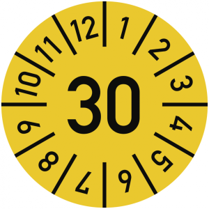 Dreifke&reg; Pr&uuml;fplakette Jahr 30 mit Monaten, gelb, Folie-Spezialkl., &Oslash; 30 mm, 1...