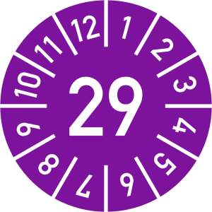 Dreifke&reg; Pr&uuml;fplakette Jahr 29 mit Monaten, violett, Dokumentenfolie, &Oslash; 20 mm,...
