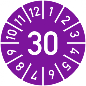 Dreifke&reg; Pr&uuml;fplakette Jahr 30 mit Monaten, violett, Folie, &Oslash; 30 mm, 10 St&uuml;ck