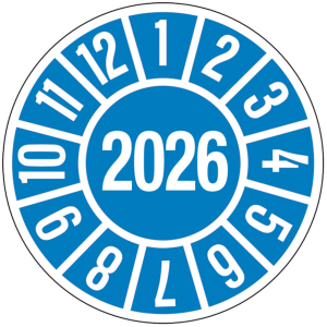 Jahrespr&uuml;fplakette ab 26, blau/wei&szlig; &Oslash; 35mm - Bogen = 10 Plaketten - 35 mm Dok...