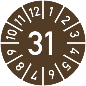Dreifke&reg; Pr&uuml;fplakette Jahr 31 mit Monaten, braun, Folie, &Oslash; 15 mm, 10 St&uuml;ck