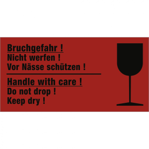Aufkleber Bruchgefahr! Nicht werfen! Vor N&auml;sse sch&uuml;tzen!, Papier, 140x70 mm, ...