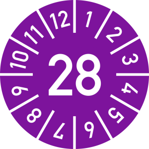 Dreifke&reg; Pr&uuml;fplakette Jahr 28 mit Monaten, violett, Dokumentenfolie, &Oslash; 10 mm,...