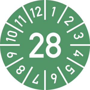 Dreifke&reg; Pr&uuml;fplakette Jahr 28 mit Monaten, gr&uuml;n, Folie-Spezialkl., &Oslash; 15 mm, 1...