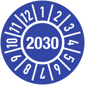 Dreifke&reg; Pr&uuml;fplakette Jahr 2030 mit Monaten, Folie-Spezialkleber, &Oslash; 15 mm, 10...
