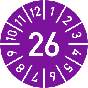 Dreifke&reg; Pr&uuml;fplakette Jahr 26 mit Monaten, violett, Folie-Spezialkl., &Oslash; 10 mm...