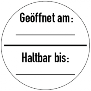 Pr&uuml;fplakette, Ge&ouml;ffnet am: / Haltbar bis:, &Oslash; 30 mm, Dokumentenfolie - Bogen =...