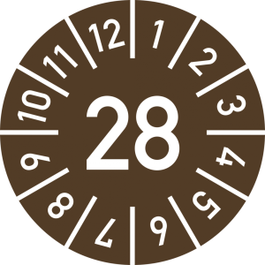 Dreifke&reg; Pr&uuml;fplakette Jahr 28 mit Monaten, braun, Dokumentenfolie, &Oslash; 25 mm, 1...