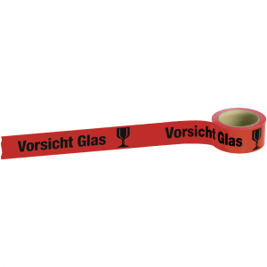Aufkleber Packband Vorsicht Glas, Folie, 50 mm x 66 m