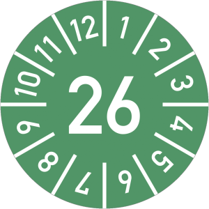 Dreifke&reg; Pr&uuml;fplakette Jahr 26 mit Monaten, gr&uuml;n, Folie-Spezialkl., &Oslash; 15 mm, 1...