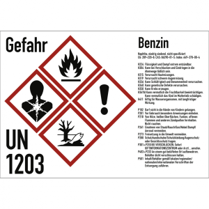 Dreifke&reg; Gefahrstoffkennzeichnung Benzin nach GHS, Folie, 210x148 mm, Idx 2019