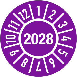 Dreifke&reg; Pr&uuml;fplakette Jahr 2028 mit Monaten, Dokumentenfolie, &Oslash; 20 mm, 10 St&uuml;...