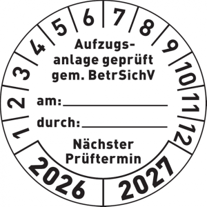 Dreifke&reg; Aufkleber Pr&uuml;fplakette, Aufzugsanlage gepr&uuml;ft gem. BetrSichV, 2026/2...