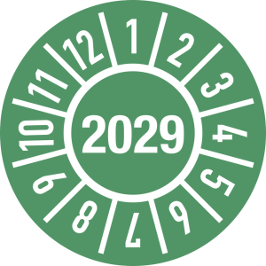 Dreifke&reg; Pr&uuml;fplakette Jahr 2029 mit Monaten, Dokumentenfolie, &Oslash; 30 mm, 10 St&uuml;...