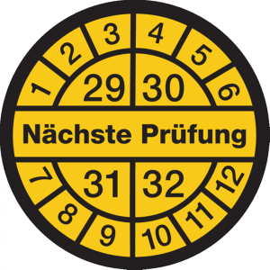 Dreifke&reg; Pr&uuml;fplakette, N&auml;chste Pr&uuml;fung, schwarz/gelb, Folie, &Oslash; 1 - 13 mm Foli...
