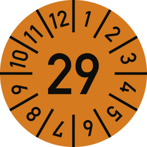 Dreifke&reg; Pr&uuml;fplakette Jahr 29 mit Monaten, orange, Dokumentenfolie, &Oslash; 20 mm, ...