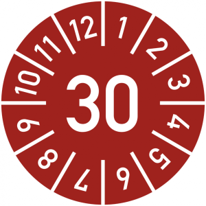 Dreifke&reg; Pr&uuml;fplakette Jahr 30 mit Monaten, rot, Folie-Spezialkl., &Oslash; 20 mm, 10...