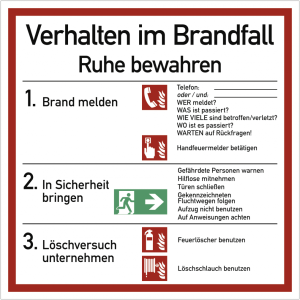 Dreifke&reg; Schild Verhalten im Brandfall ISO 7010, Kunststoff, 180x180 mm