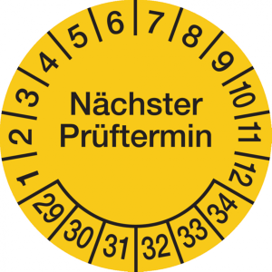 Dreifke&reg; Pr&uuml;fplakette, N&auml;chster Pr&uuml;ftermin, Folie, gelb/schwarz, - 60 mm Foli...