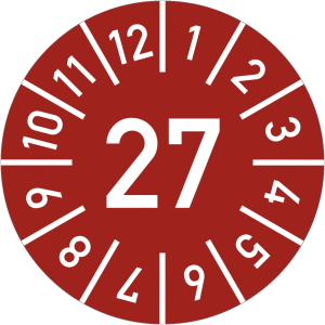 Dreifke&reg; Pr&uuml;fplakette Jahr 27 mit Monaten, rot, Folie, &Oslash; 15 mm, 10 St./Bo.