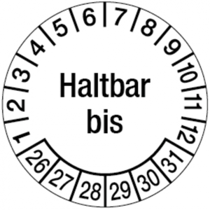 Pr&uuml;fplakette ab 26, Haltbar bis, &Oslash; 30 mm, Dokumentenfolie - Bogen = 10 St&uuml;ck ...