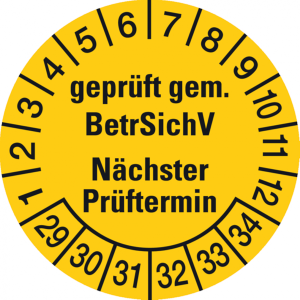 Dreifke&reg; Pr&uuml;fplakette, BetrSichV N&auml;chster Pr&uuml;ftermin, gelb/schwa - 30 mm Foli...
