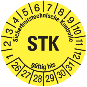Pr&uuml;fplakette ab 26, STK, gelb/schwarz, Folie, &Oslash; 30 mm - Bogen = 10 Plaketten ...