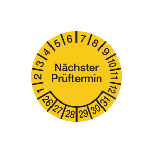Dreifke&reg; Aufkleber Pr&uuml;fplakette, N&auml;chster Pr&uuml;ftermin, Folie, &Oslash; 30mm, gelb/sch...