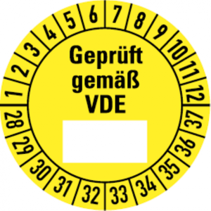 Dreifke&reg; Aufkleber | Etikett Gepr&uuml;ft gem&auml;&szlig; VDE ab 28, gelb/schwarz - 30 mm Fo...