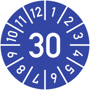 Dreifke&reg; Pr&uuml;fplakette Jahr 30 mit Monaten, blau, Folie-Spezialkl., &Oslash; 15 mm, 1...