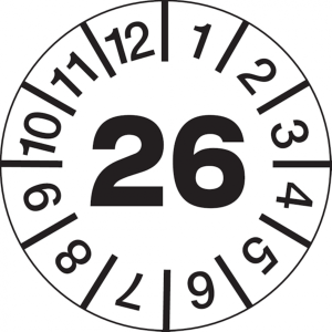 Dreifke&reg; Pr&uuml;fplakette wei&szlig;/schwarz 2026 - 20 mm Folie selbstklebend