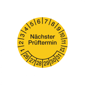 Dreifke&reg; Pr&uuml;fplakette, N&auml;chster Pr&uuml;ftermin, Folie, gelb/schwarz, &Oslash; 20 mm - Bo...