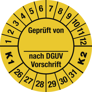 Dreifke&reg; Pr&uuml;fplakette Gepr&uuml;ft...DGUV...K1 K2, 2026-2031,Dokumentenfolie,&Oslash; 30m...