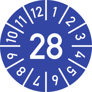 Dreifke&reg; Pr&uuml;fplakette Jahr 28 mit Monaten, blau, Folie-Spezialkl., &Oslash; 25 mm, 1...