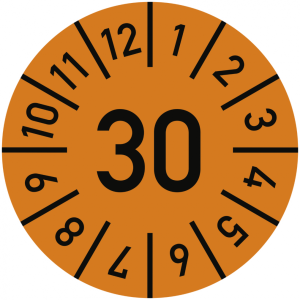 Dreifke&reg; Pr&uuml;fplakette Jahr 30 mit Monaten, orange, Folie-Spezialkl., &Oslash; 20 mm,...