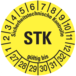 Pr&uuml;fplakette ab 27, STK, gelb/schwarz, Folie, &Oslash; 30 mm - Bogen = 10 Plaketten ...