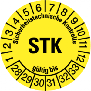Dreifke&reg; Pr&uuml;fplakette, STK, gelb/schwarz, Folie, &Oslash; 30 mm - Bogen - 30 mm Foli...
