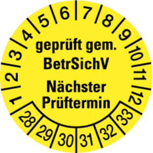 Dreifke&reg; Pr&uuml;fplakette, BetrSichV N&auml;chster Pr&uuml;ftermin, gelb/schwa - 30 mm Foli...