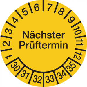 Dreifke&reg; Pr&uuml;fplakette, N&auml;chster Pr&uuml;ftermin, Folie, gelb/schwarz, - 15 mm Foli...