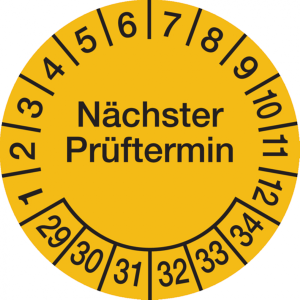 Dreifke&reg; Pr&uuml;fplakette N&auml;chster Pr&uuml;ftermin ab 29 gelb/schwarz - 30 mm Folie se...