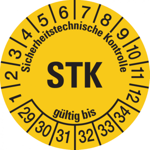 Dreifke&reg; Pr&uuml;fplakette, STK, gelb/schwarz, Folie, &Oslash; 30 mm - Bogen - 30 mm Foli...